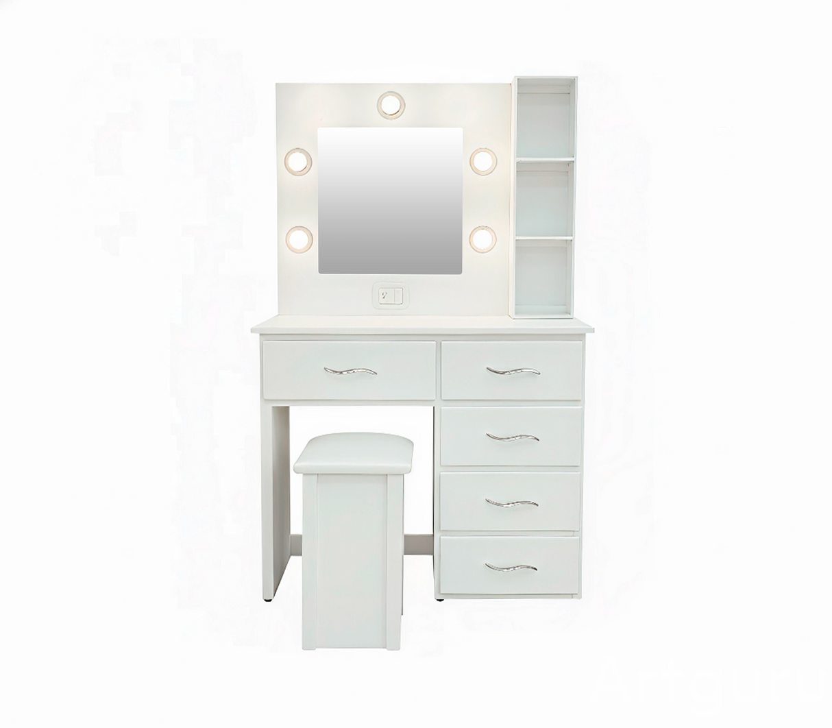 Peinadora de 5 gav. C/espejo y banqueta blanco derecha Isabel