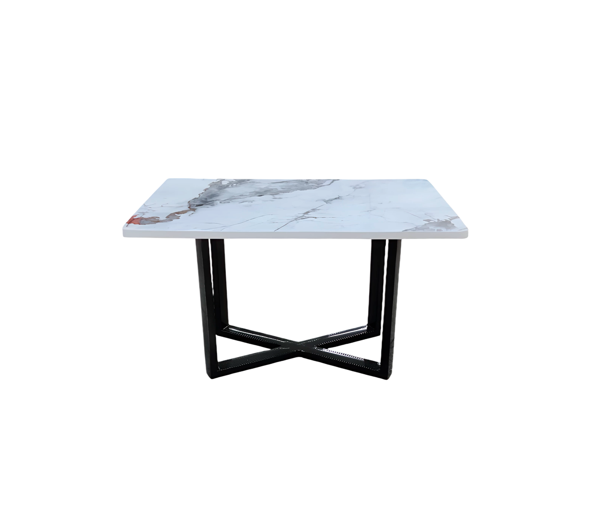 Mesa de centro rectangular en base de metal con tope en PVC marmolizado claro Powerfik