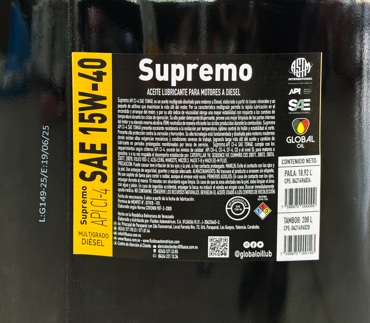 Aceite supremo API CI4 SAE 15W40 Tambor Global Oil