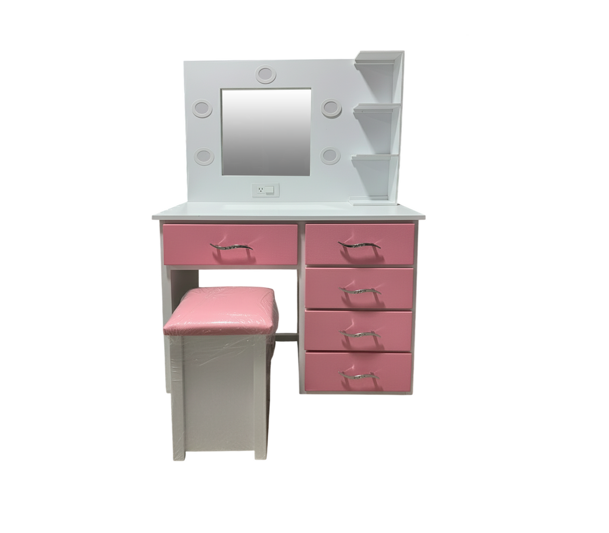 Peinadora de 5 gav. C/espejo y banqueta bl/gav rosado derecha Isabel