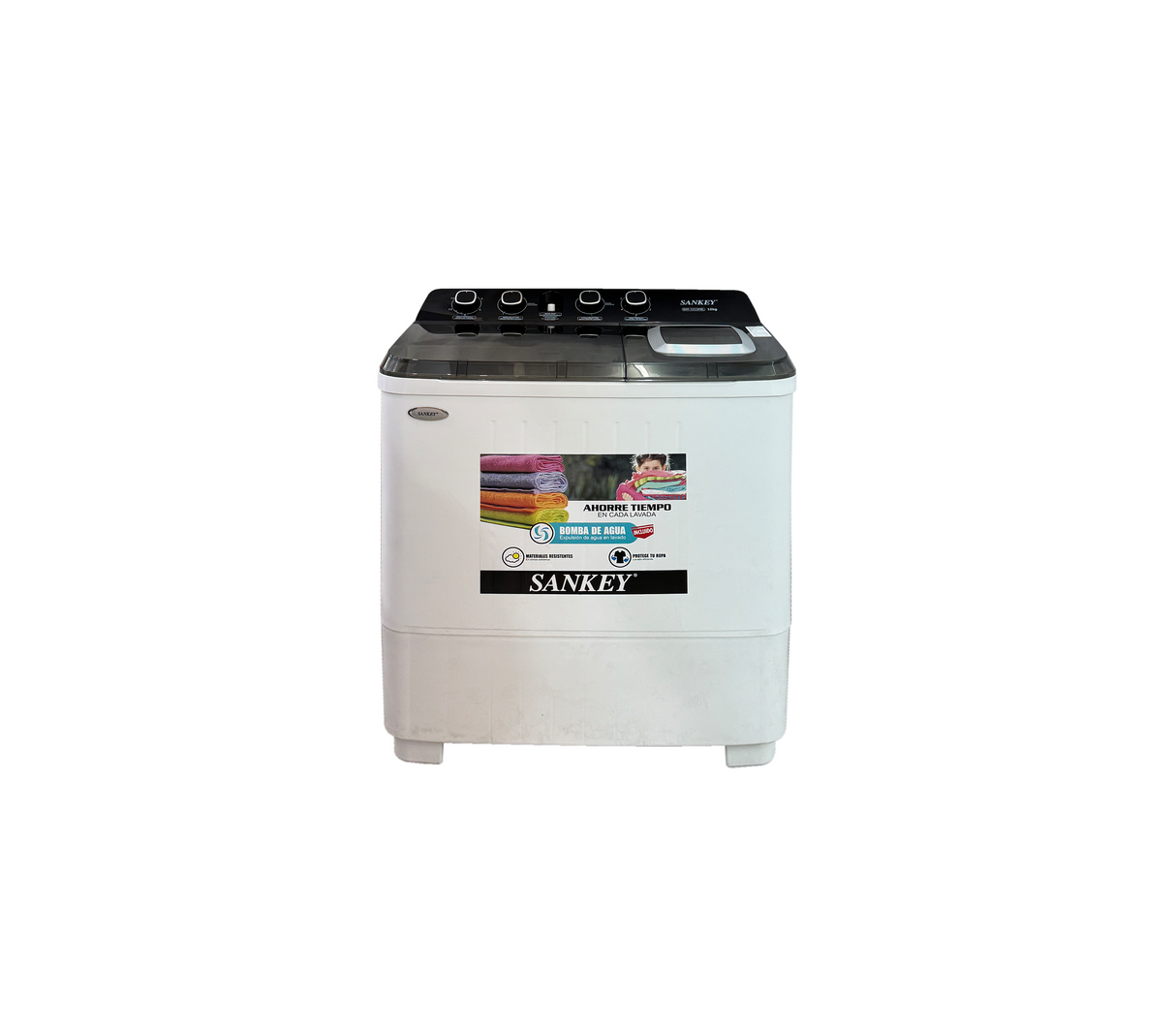 Lavadora Sem/aut. doble tina 12KG c/bomba diseño eleg. tapa/cub. panel/cont. blanco/negro Sankey