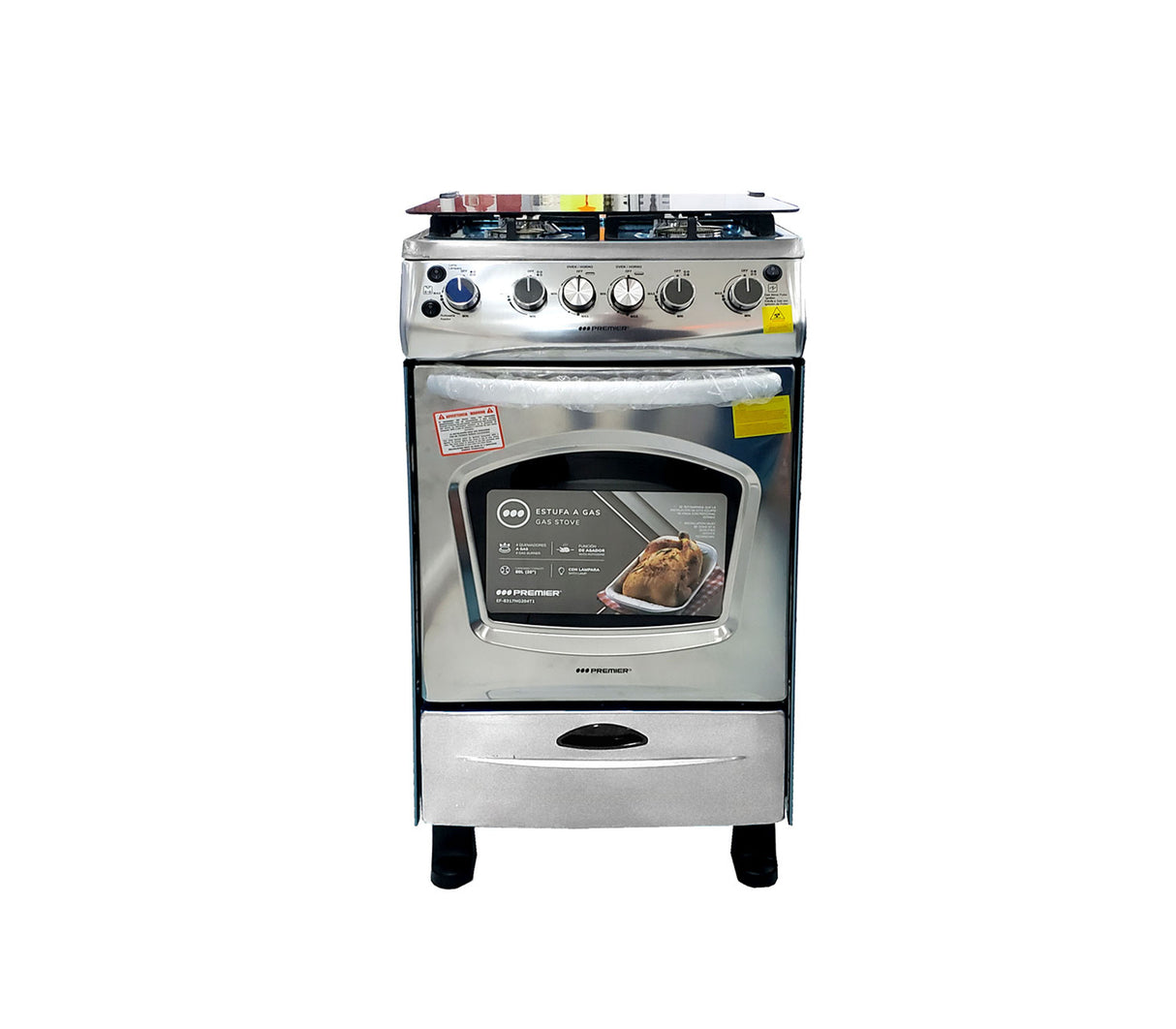 Cocina a gas 20" de piso 4 hornillas con horno acero inoxidable Premier