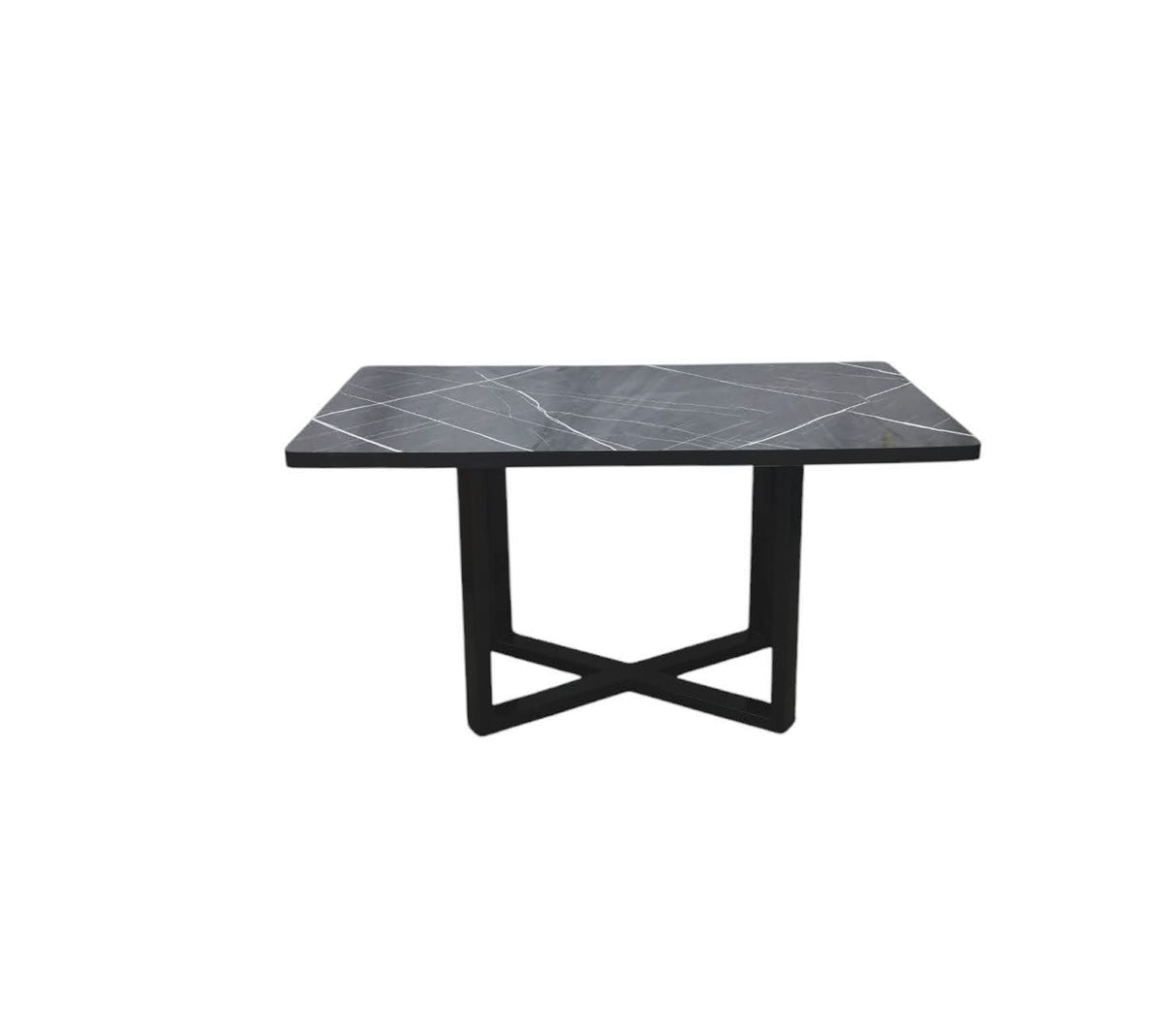Mesa de centro rectangular en base de metal con tope en PVC marmolizado oscuro Powerfik