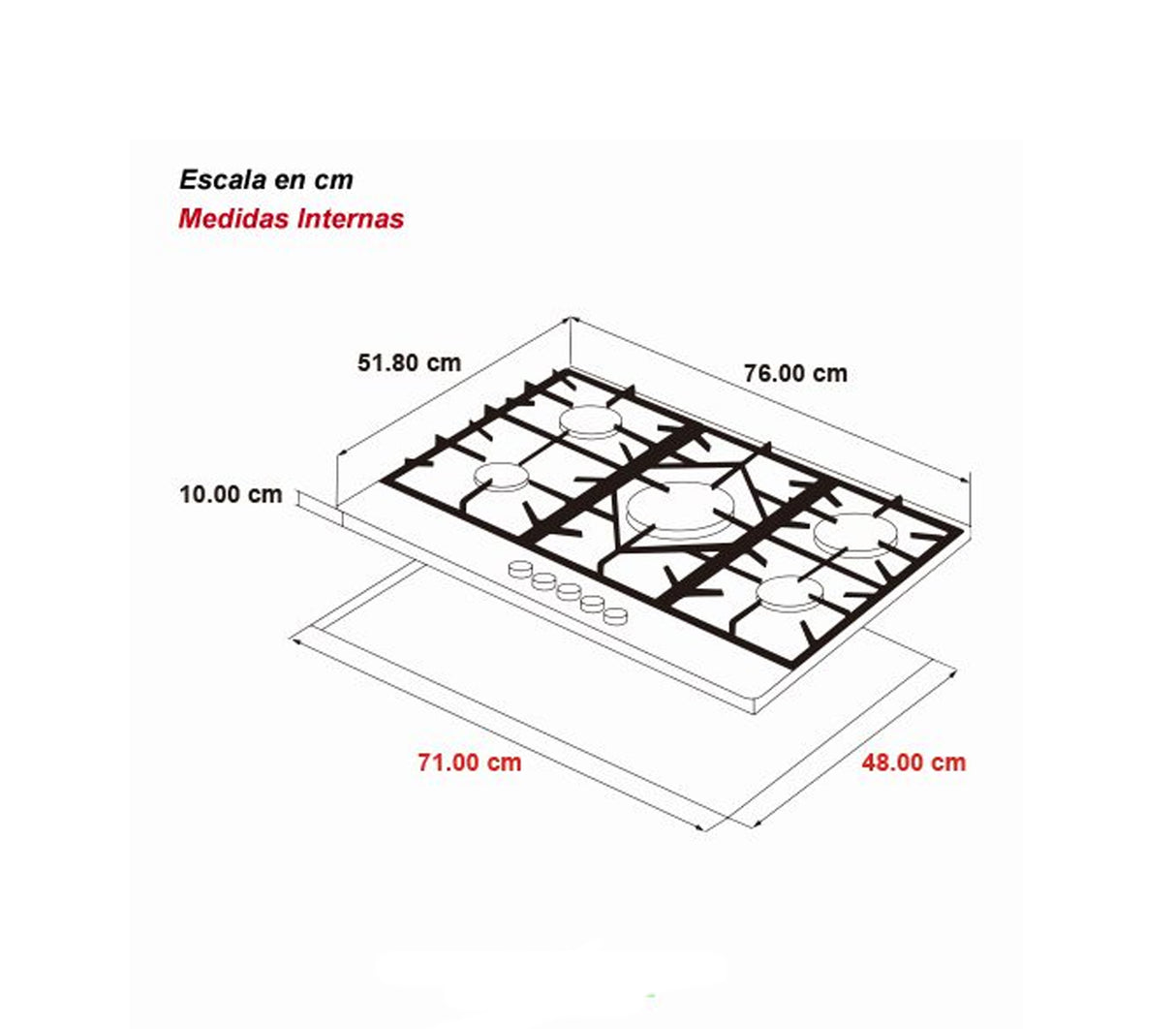 Tope de cocina a gas vitro-acero Ferrara pro 5 hornillas 76cm Drija