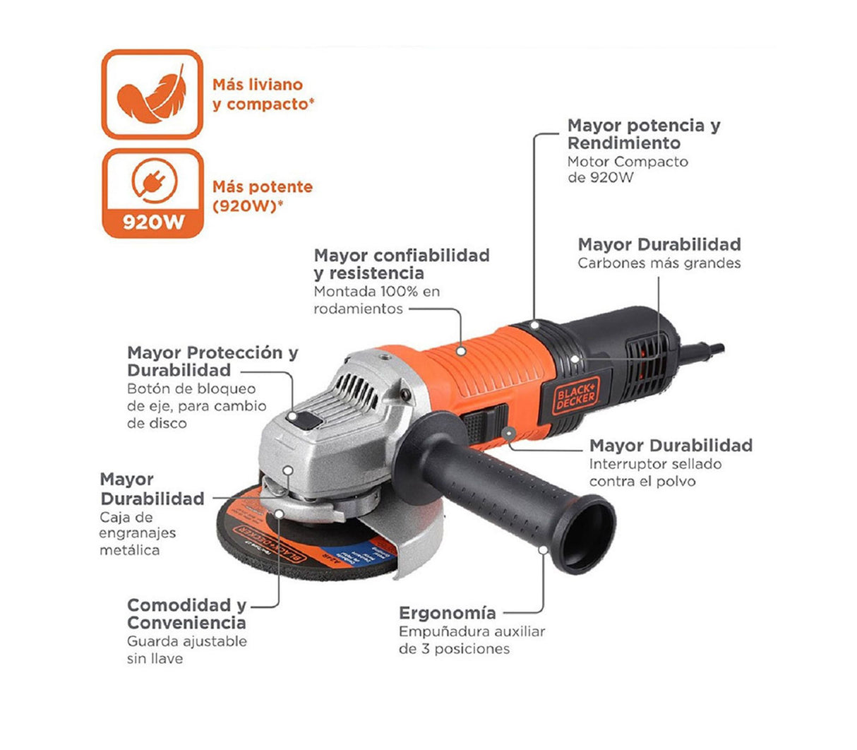 Esmeril angular con accesorios 4-1/2" 920w Black & Decker