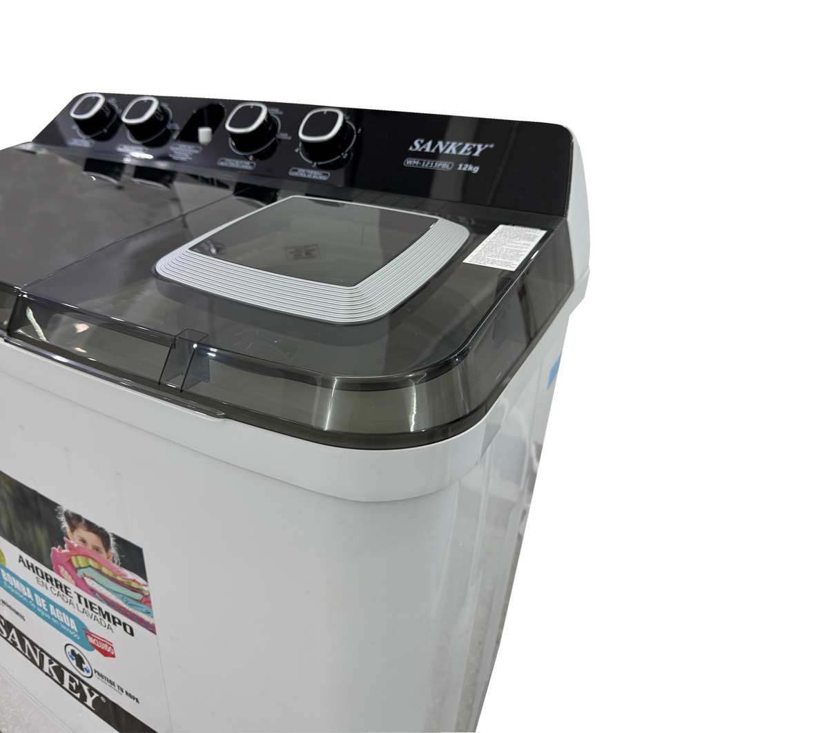 Lavadora Sem/aut. doble tina 12KG c/bomba diseño eleg. tapa/cub. panel/cont. blanco/negro Sankey