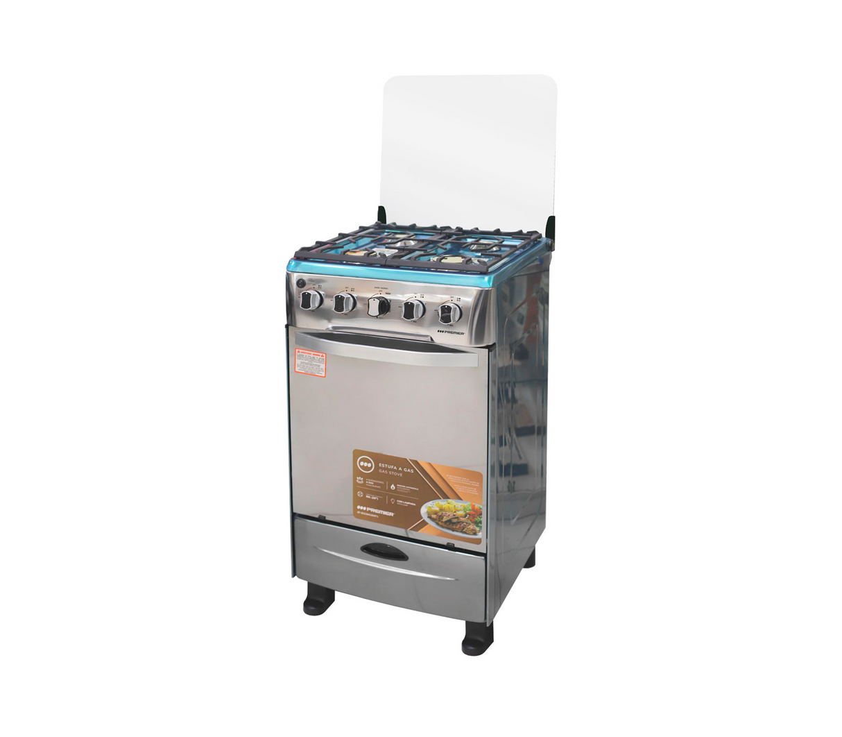 Cocina a gas 20" de piso 4H c/horno Vidrio Espejo Acero Inoxidable Premier