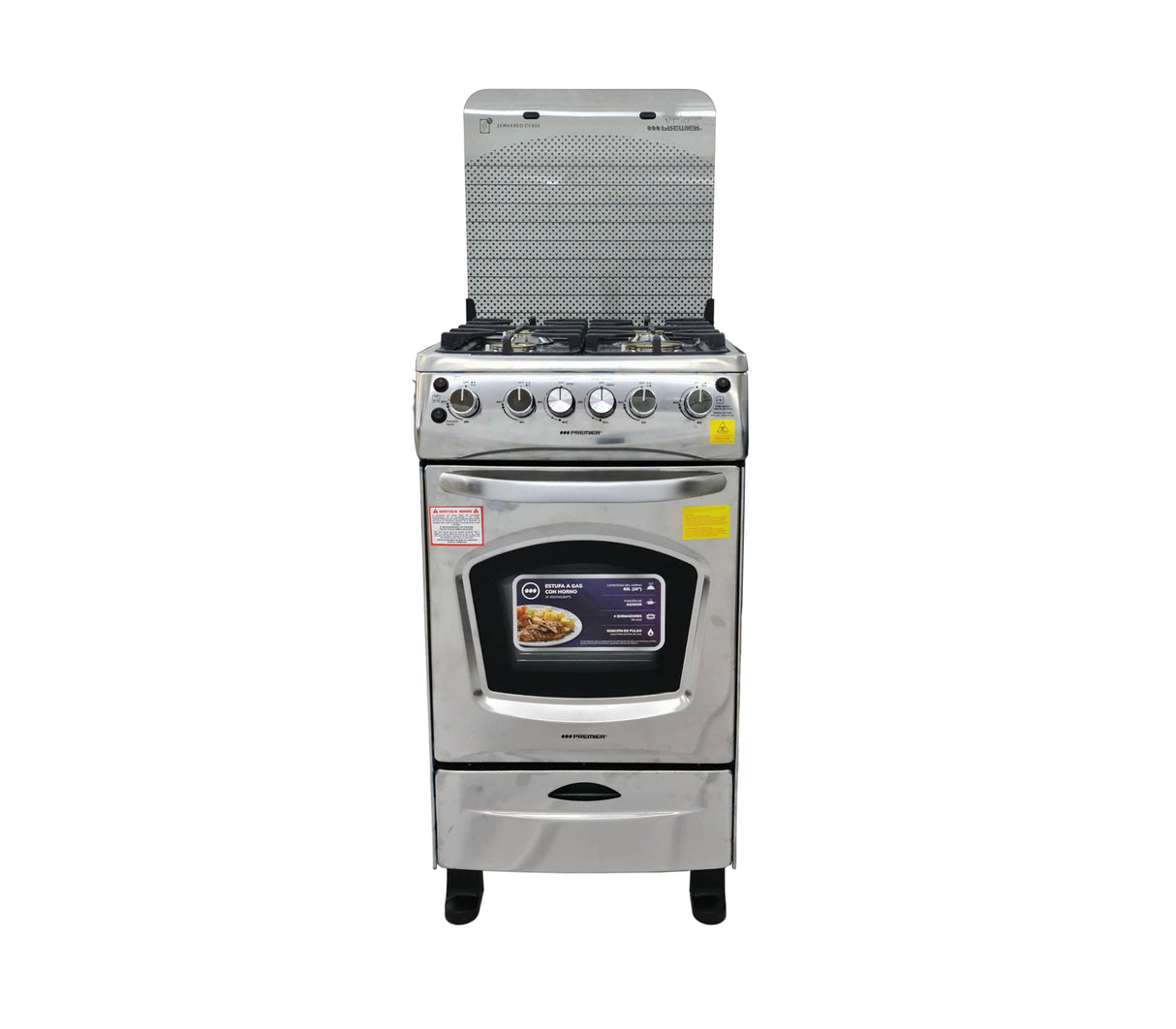 Cocina a gas 20" de piso 4 hornillas con horno acero inoxidable Premier
