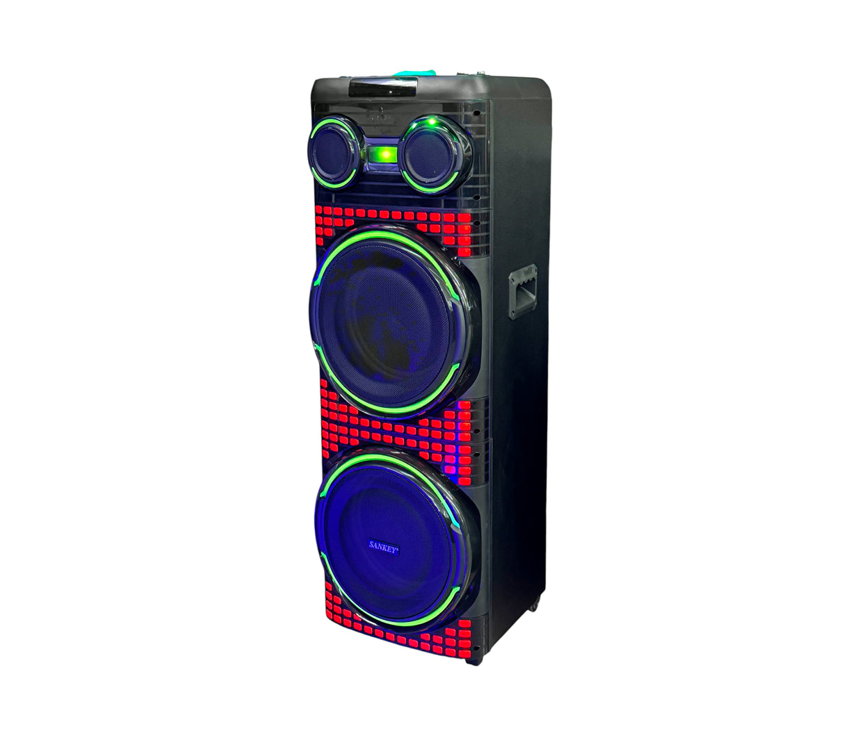 Corneta recargable 12"x2 Subwoofer Karaoke/LED/Amplif cont. micrófono alámbrico 80W Sankey