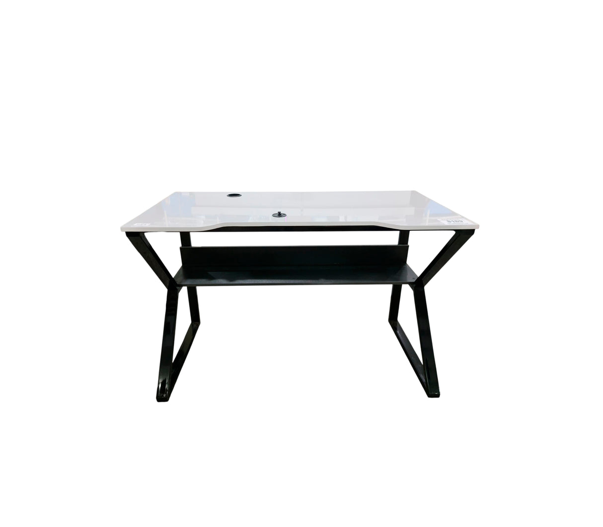 Mesa de computadora en base de metal con tope en melamina gris oscuro alto brillo Powerfik
