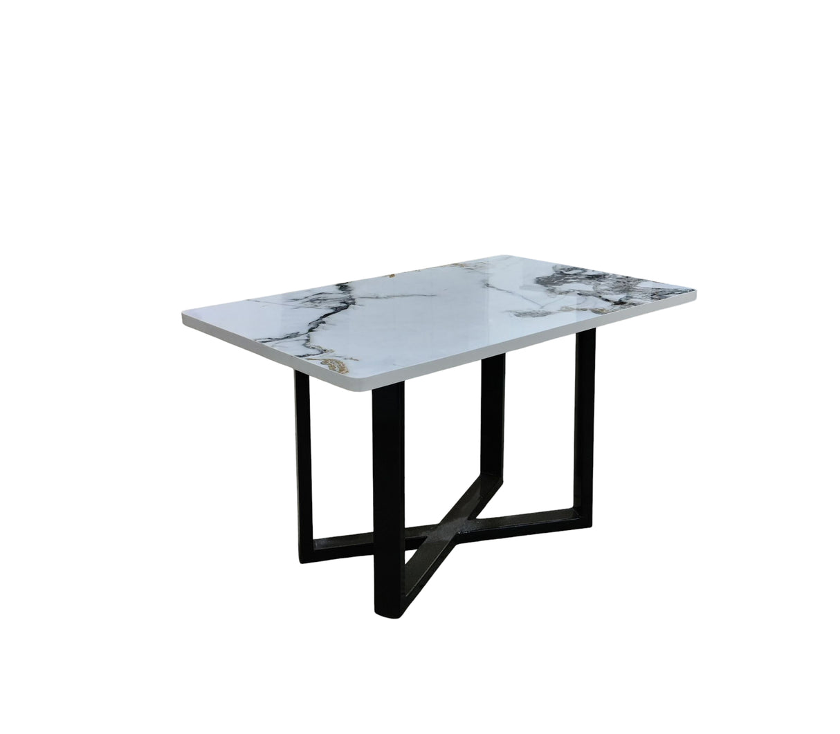 Mesa de centro rectangular en base de metal con tope en PVC marmolizado claro Powerfik