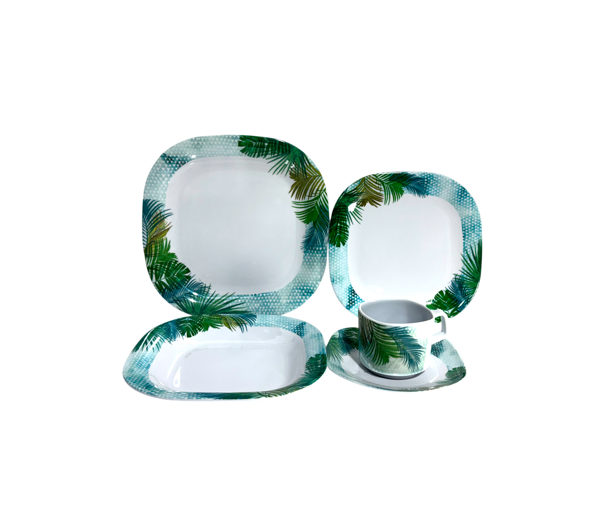 Juego de vajilla 20 piezas en melamina con bordes verdes y azules Salcar