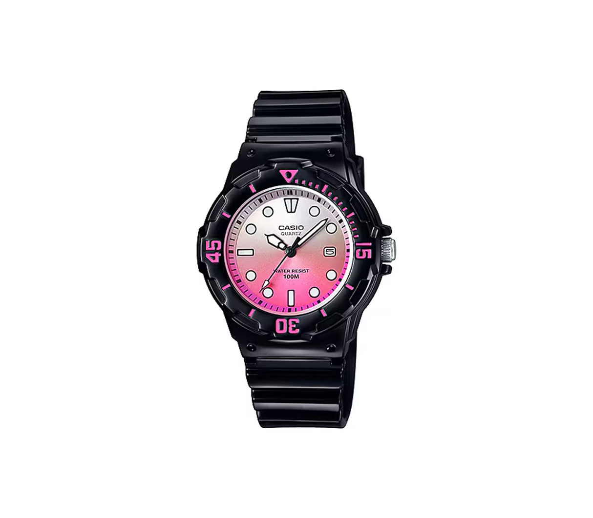 Reloj analógico para niños correa de resina negro fondo rosado Casio