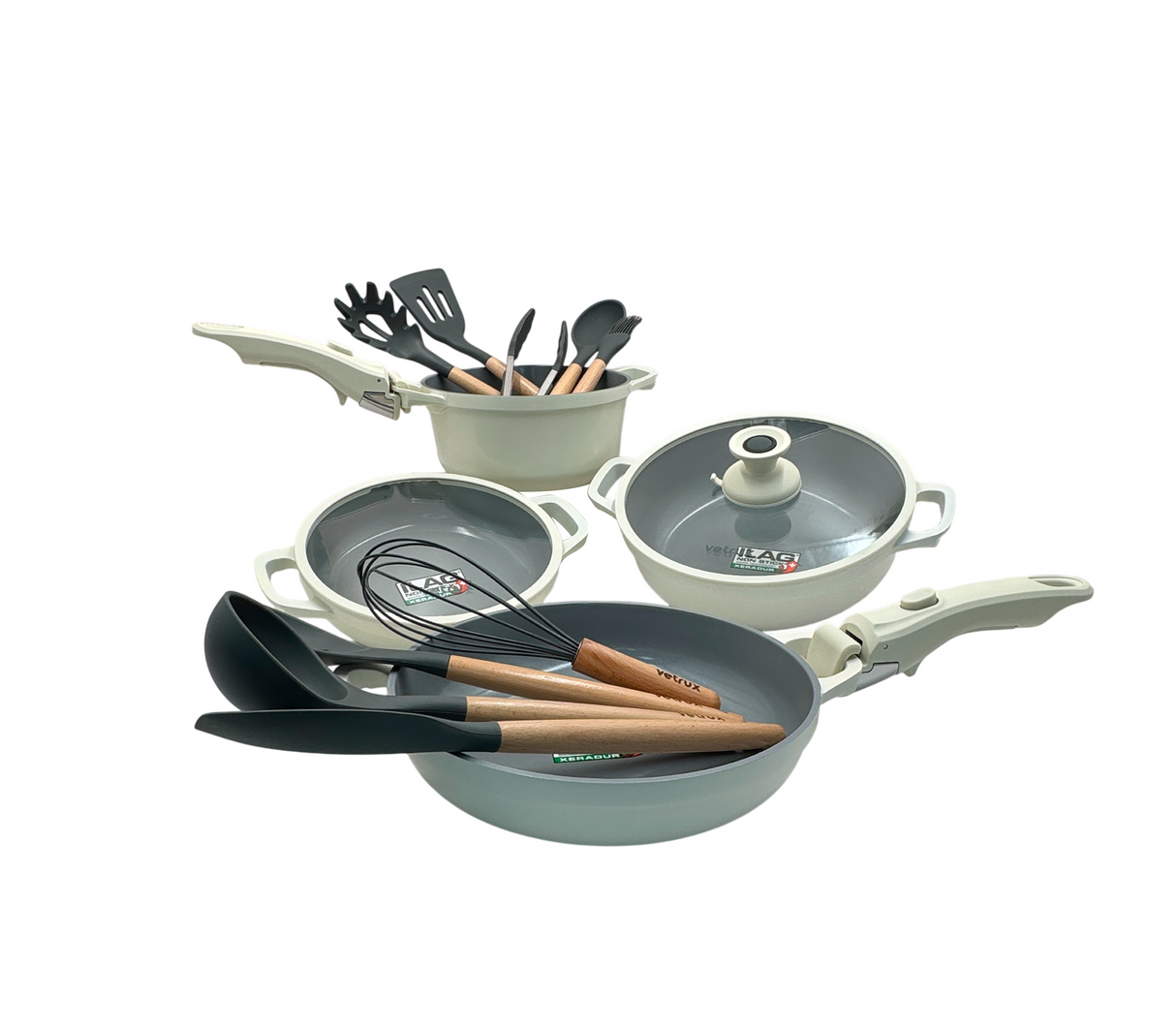 Juego de ollas Stak18 8 piezas + 9 utensilios Vetrux