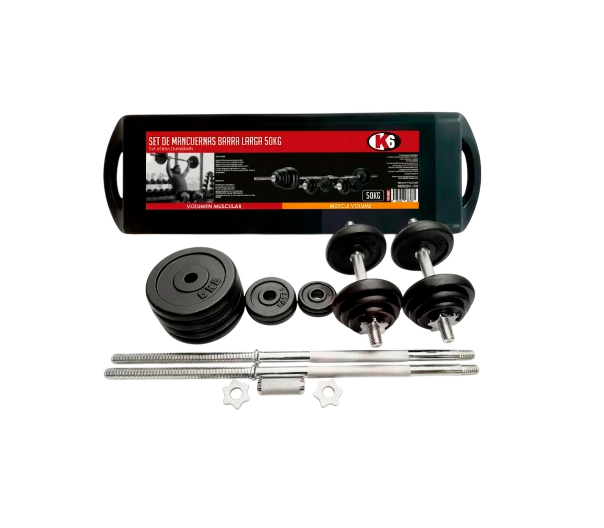 Set de Mancuernas Barra Larga 50kg con maleta K6