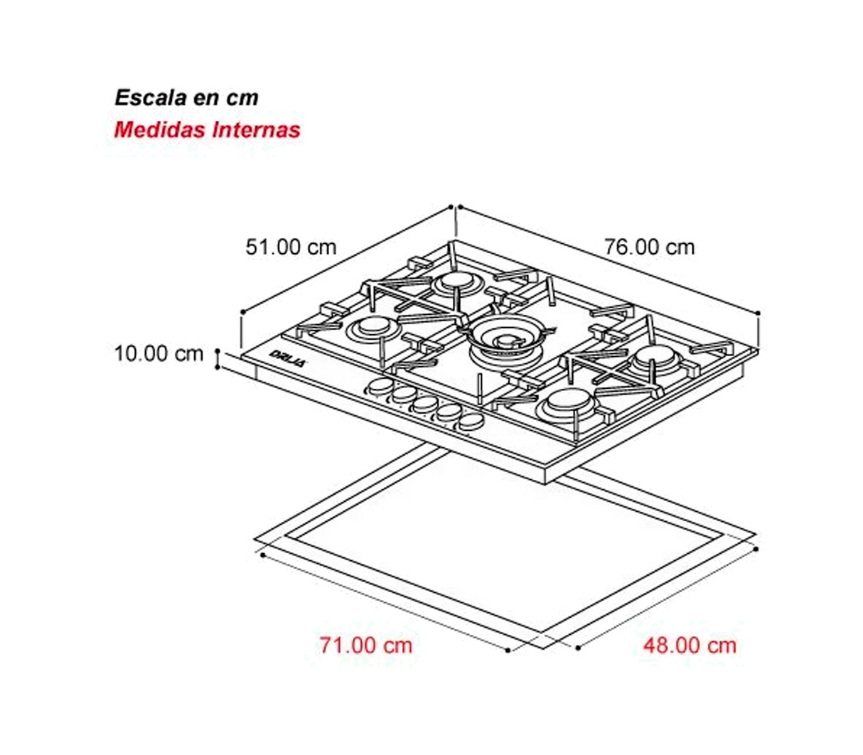 Tope de cocina a gas vitro Toscana Pro 5h 76cm negro Drija