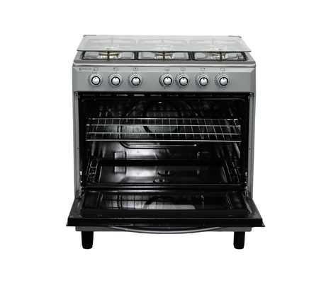 Cocina a gas 6 hornillas con tapa de vidrio/tope de acero inoxidable rejillas gruesas gris Omeega Electronics
