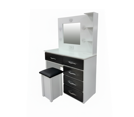 Peinadora de 5 gav. C/espejo y banqueta bl/gav negra derecha Isabel