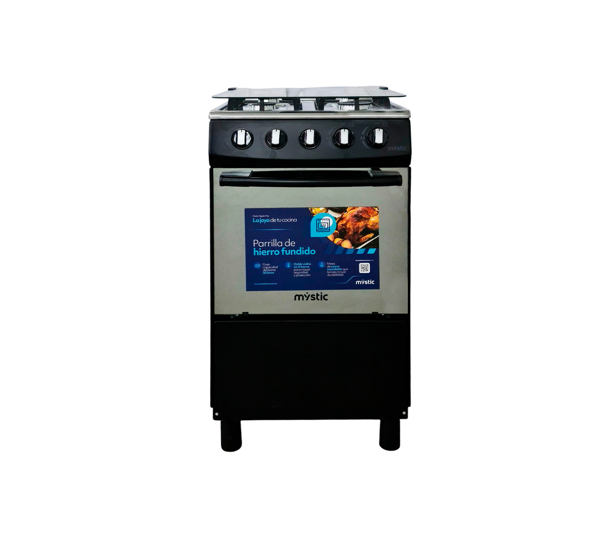 Cocina a gas agata plus 4 hornillas con tapa de vidrio parrilla gruesa negra Mystic