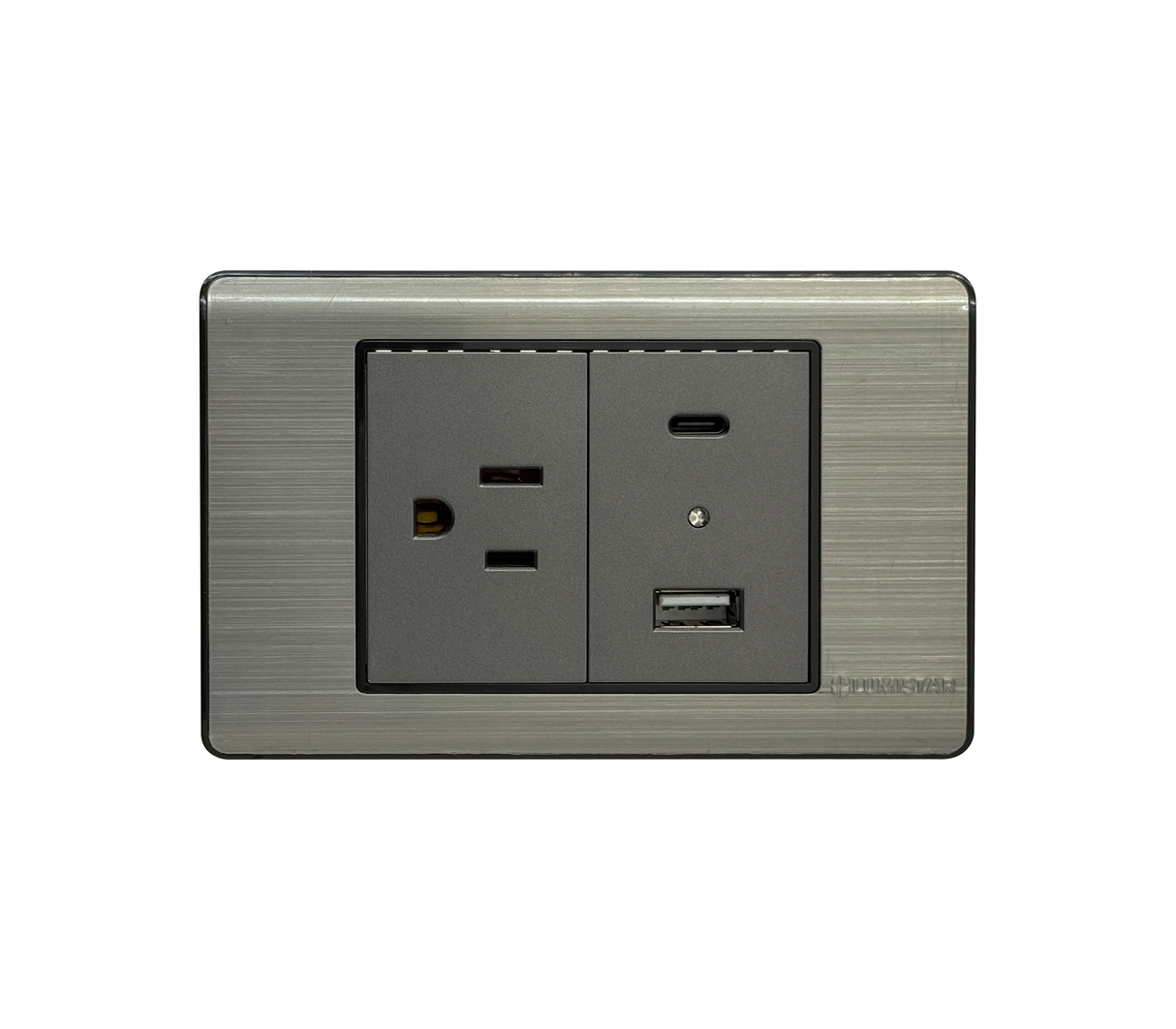 Toma doble con tierra y puerto USB + puerto tipo C para empotrar plata Lumistar