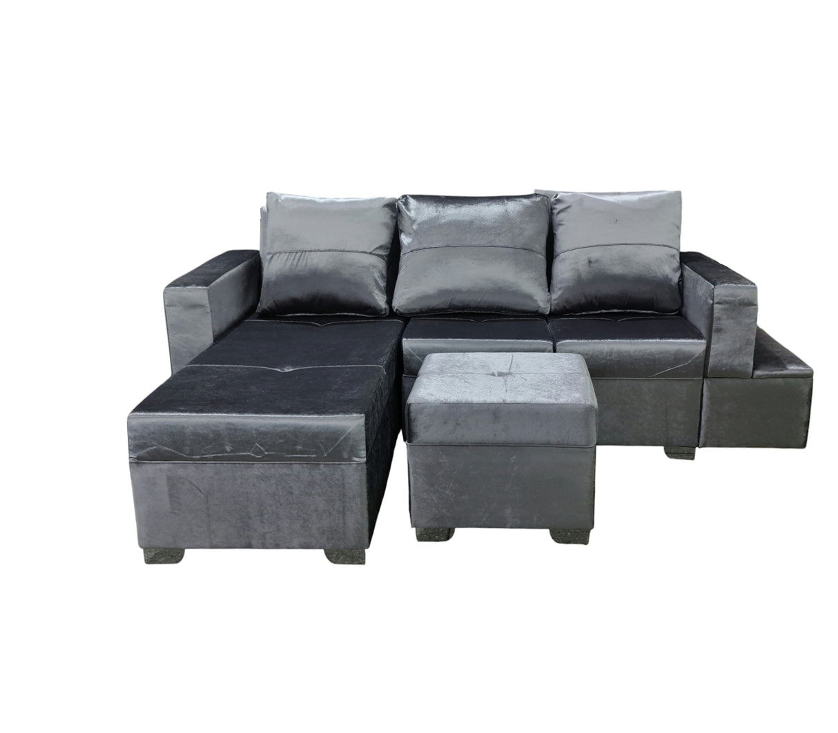 Juego de Recibo Estrada Plus Tipo L 3 Puestos + Chaiselongue + Puff Tela de Lujo Okalia