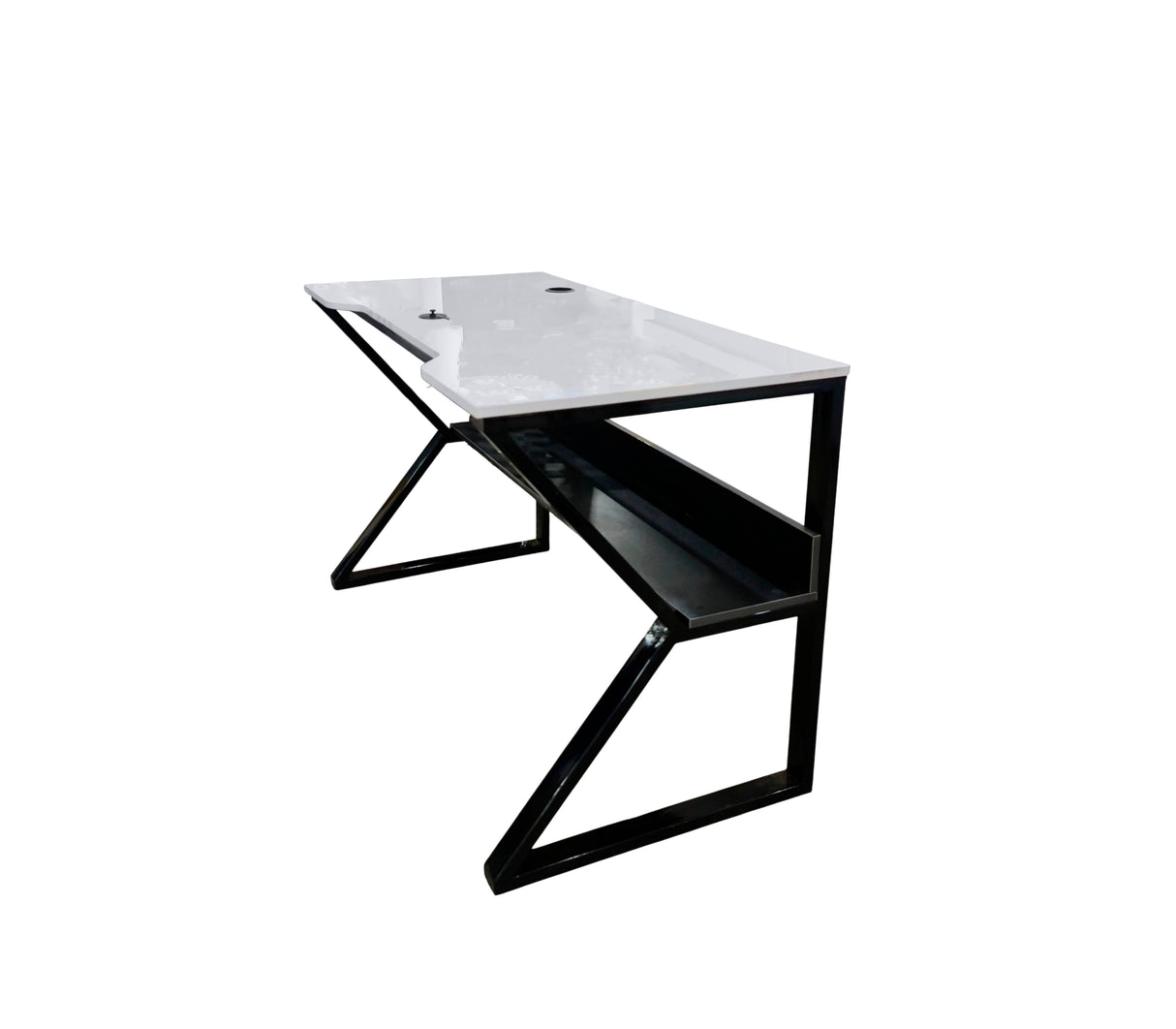 Mesa de computadora en base de metal con tope en melamina gris oscuro alto brillo Powerfik