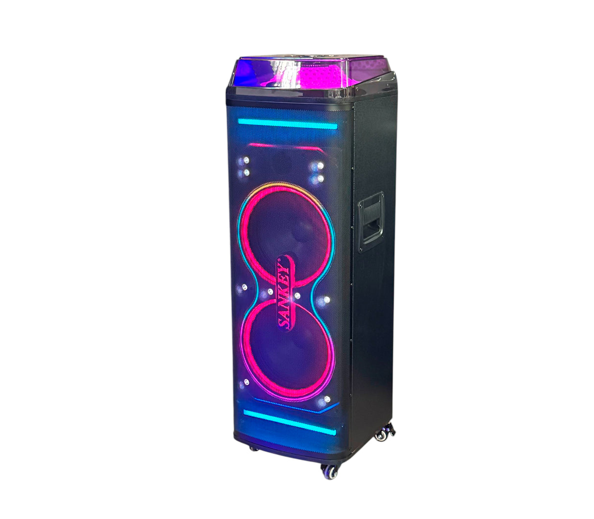 Corneta recargable 10"x2 Subwoofer karaoke/LED/Amplif con control 80W Sankey