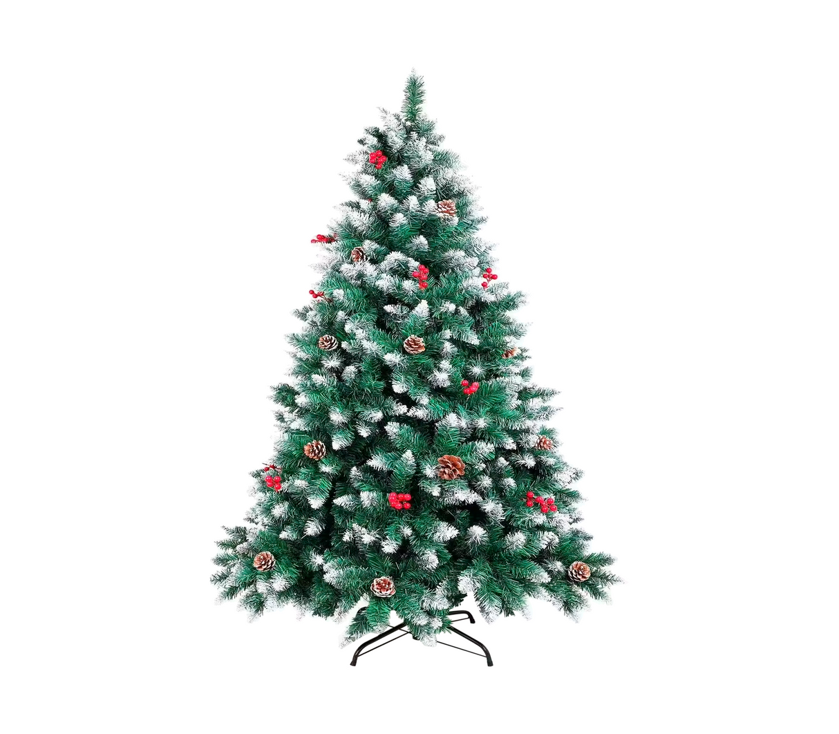 Árbol de navidad nevado en pvc con piñas y bayas 120cm verde Powerfik