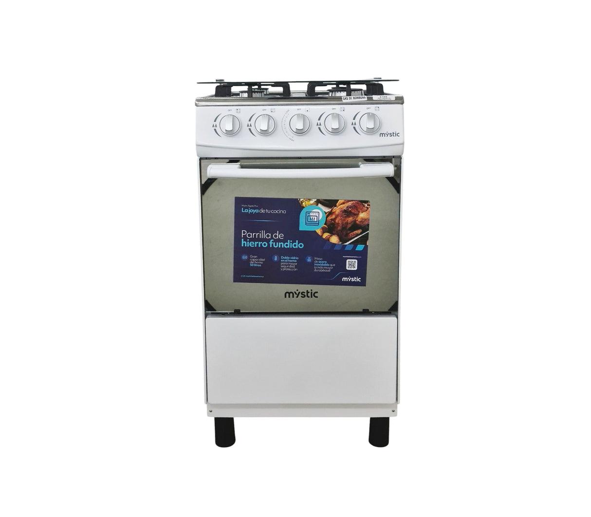 Cocina a gas agata plus 4 hornillas con tapa de vidrio parrilla gruesa blanca Mystic