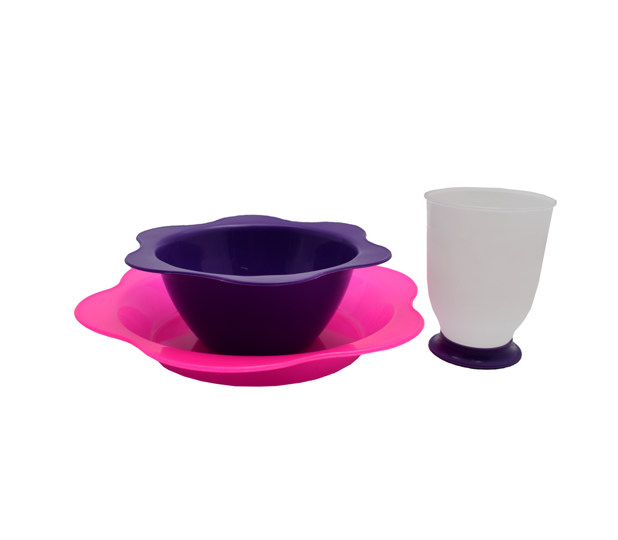 Combo flower de bowl morado + plato hondo rosa + vaso elegance blanco Inoxplas