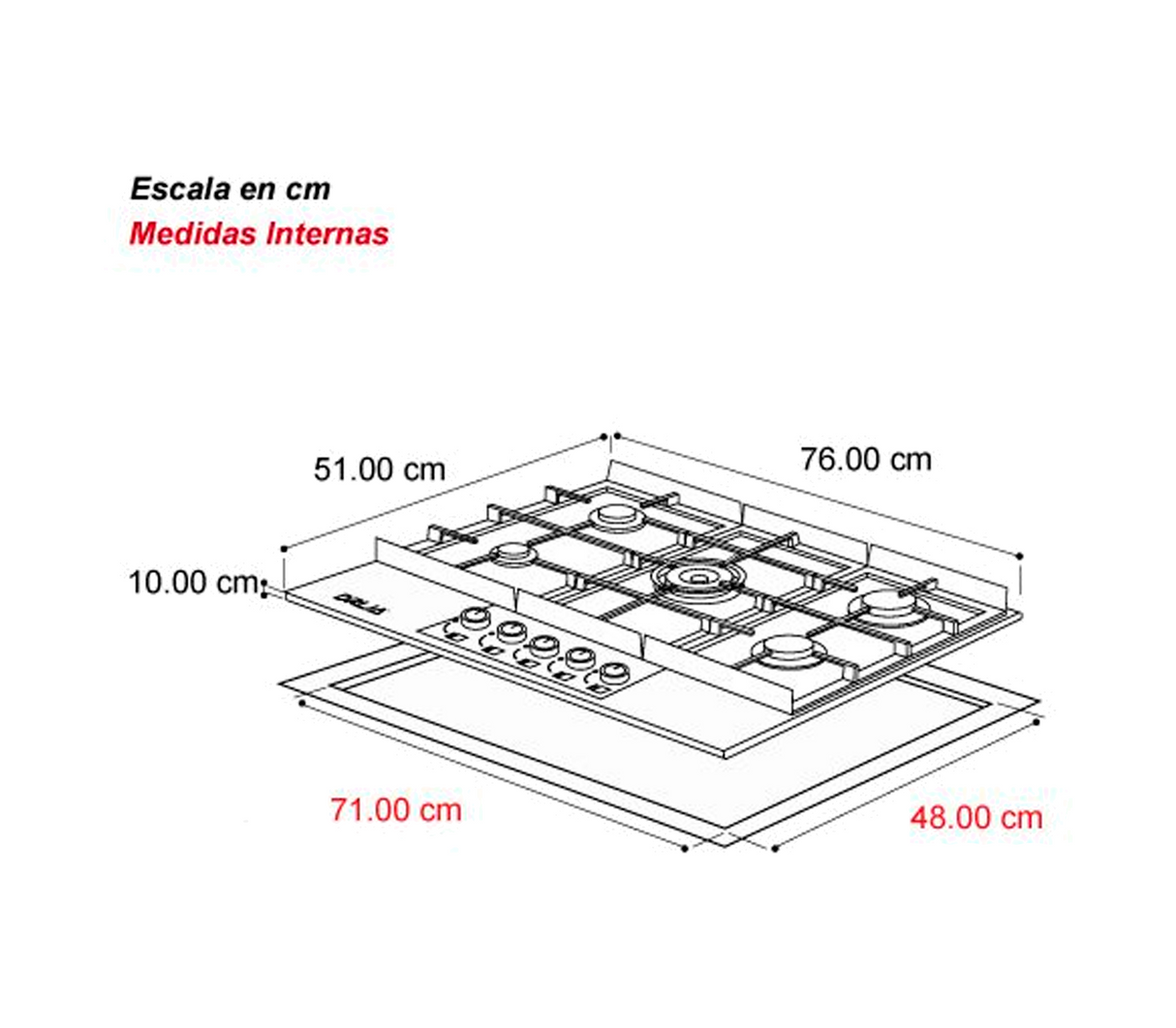 Tope de cocina a gas vitro 5 hornillas 76cm Genova negro Drija
