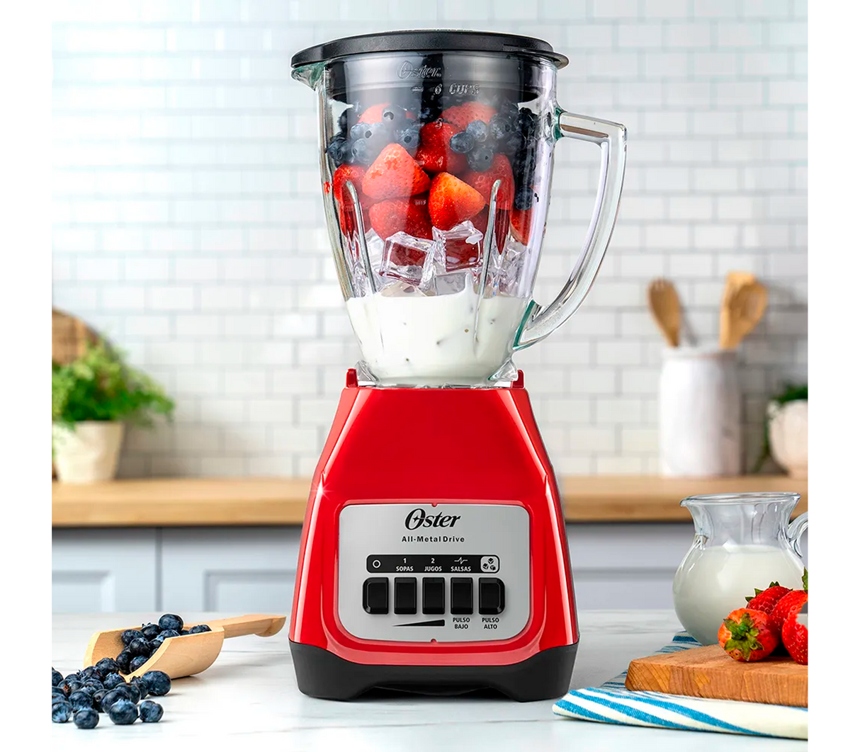 Licuadora 2 velocidades vaso de vidrio roja Oster