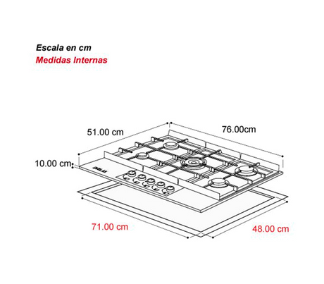 Tope de cocina a gas 5 hornillas 76cm Livorno acero Drija