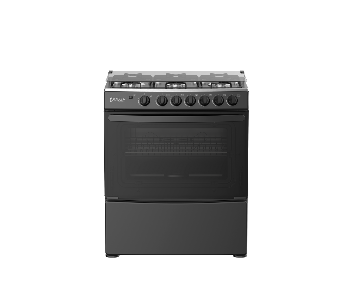 Cocina a gas 6 hornillas con tapa de vidrio encendido eléctrico negro Omega Electronics