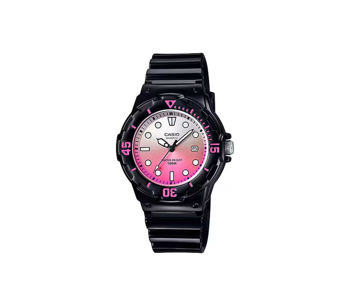 Reloj análogo para niños correa de resina negro fondo rosado Casio