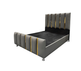 BOX SPRING MATRIMONIAL C/COPETE VENIL BIPIEL GRIS/DORADO FABRICADORA MAN