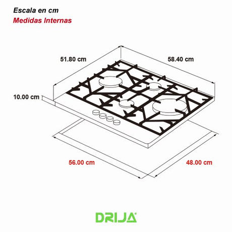 Tope de cocina a gas vitro-acero Ferrara 4hornillas 60cm Drija