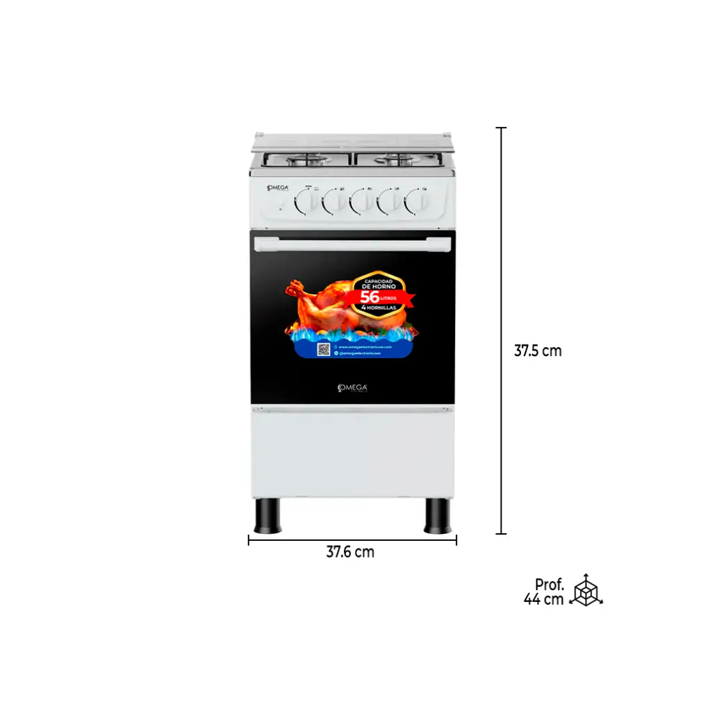 OEG-4WTE Cocina a gas 4h con tapa de vidrio encendido eléctrico blanca Omega Electronics (1).webp