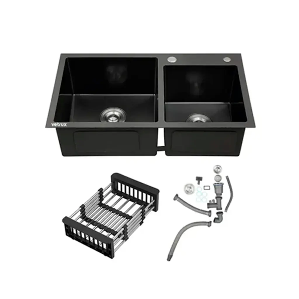 FLUSSO 82 DUAL Fregadero Flusso 82 Dual 2 tinas + accesorios Acero inox Vetrux 1.webp